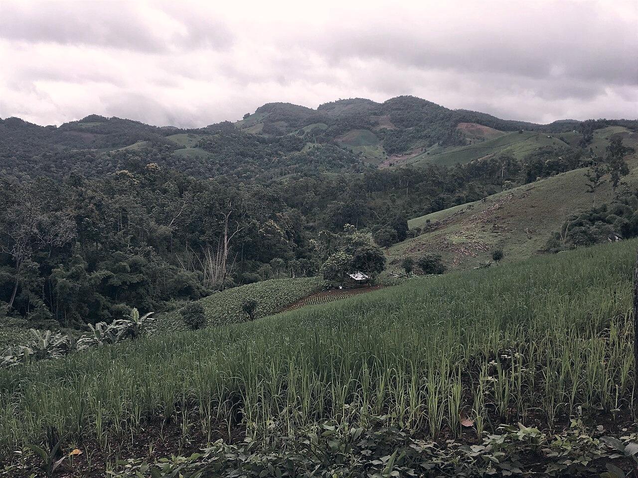 Real limestone mountain ridge and highland landscape around Ban Ja Bo